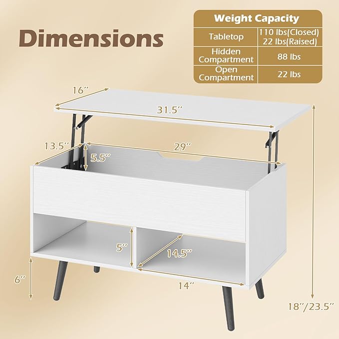 Giantex Lift Top Coffee Table, Modern Cocktail Table w/Hidden Compartment & 2 Open Shelves, Flip Top Center Table, Wooden Pull up Coffee Table for Living Room, Reception Room, Office (White)