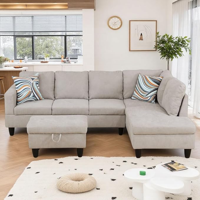 NicBex Modular L-Shaped Sectional Couches, 3-Piece Convertible Couch with Storage Ottoman, 4-Seat Comfy Sofa with Chaise for Living Room & Apartment, Off-White