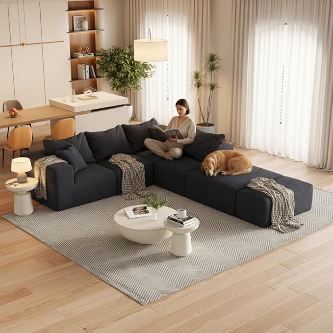 KEIKI 132" Boneless Sofa with Ottoman, L Shaped Corner Couch, Upholstered Corduroy Free Combination Sectional Couch for Living Room, Bedroom, Black