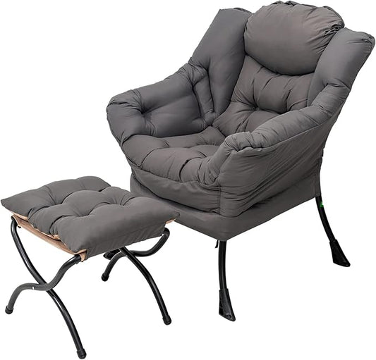 Lazy Chair with Ottoman, Large Dark Grey Accent Chair with a Side Pocket, Modern Leisure Upholstered Sofa Reading Armchair with Footrest for Office, Bedroom, Living Room, Dorm Rooms, Balcony
