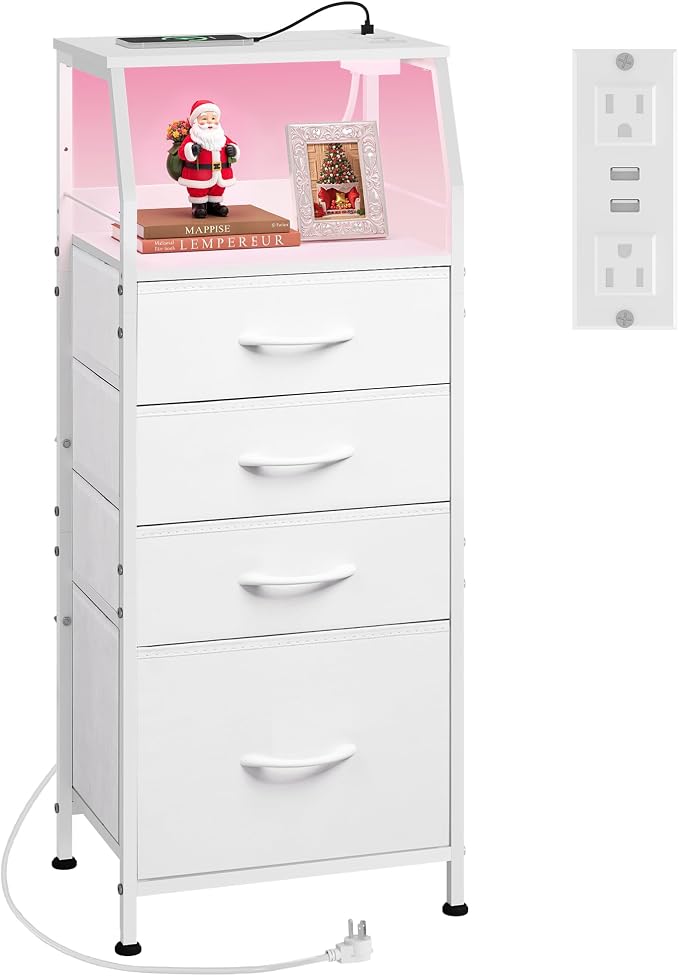 WLIVE Night Stand with Charger Station, White Nightstand with LED Light and 4 Storage Drawers, Tall Dresser for Bedroom, 37.48" H Bedside Table with Fabric Bins, Wood Shelf by WLIVE