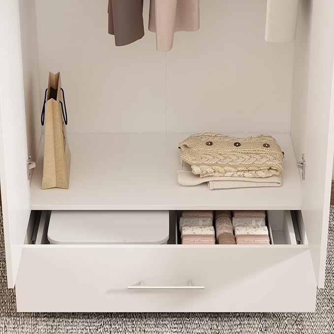 AIEGLE 2 Doors Wardrobe Armoire with Drawer, Freestanding Armoire Wardrobe Closet with Hanging Rod, Bedroom Wood Clothes Storage Cabinet Organizer in White (31.5" W x 18.9" D x 66.9" H)