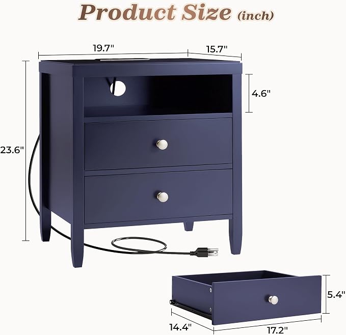 Huuger Nightstand with Charging Station, Blue Nightstand with 2 Drawers, Bed Side Table for Bedroom, Bedside Table with Storage, Modern Nightstands, Metal Knobs, Painted Surface - Image 2
