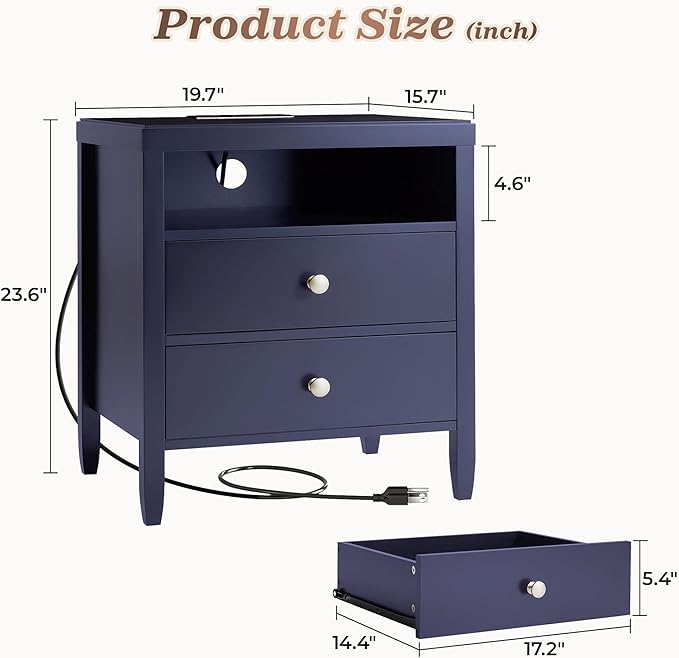 Huuger Blue Nightstand Set of 2, Night Stand with Charger Station, Bedside Table with 2 Drawers, Bed Side Tables for Bedroom, Modern Nightstands, Metal Knobs, Painted Surface - Image 2