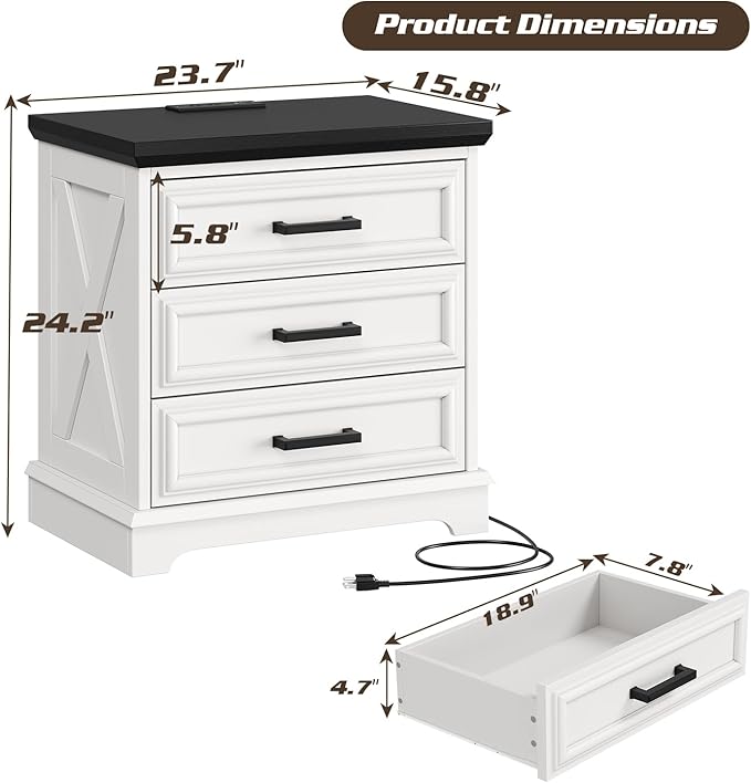 knoworld 24 Inch Wide Farmhouse Nightstands Set of 2 with Charging Station, White Nightstand with 3 Large Drawers, Rustic Wood End Table for Bedroom - Image 3