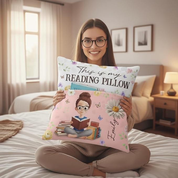 Custom Pocket Pillow, Birth Month Flower Personalized Book Reading Pillow, Bookish Gifts for Book Lovers, Bookworms, Readers, Reading is My Therapy, Librarian Gifts for Women Students