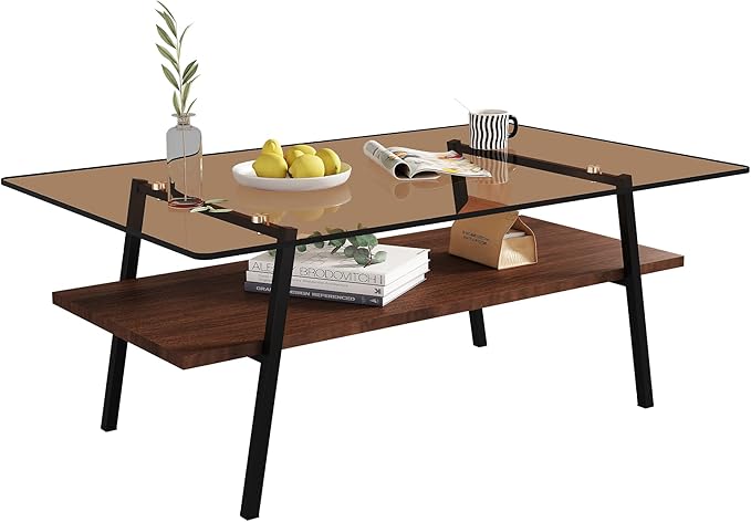 IANIYA Glass Coffee Table for Living Room Small Gold Mid Century Coffee Table for Living Room with Wood Shelves (Black Frame, Brown Glass + Brown Wood)