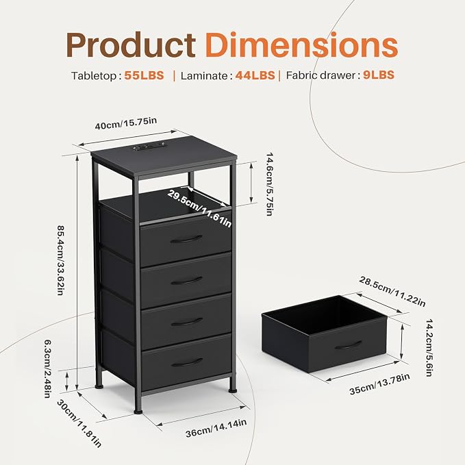 DUMOS Nightstand with Charging Station, LED Night Stand with 4 Fabric Drawers, Bedside End Table with USB/Type-C Ports and Outlets for Bedroom Furniture, Adjustable Feet, Black - Image 3