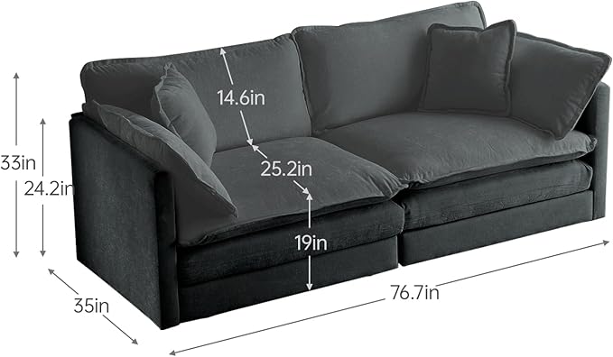 KEIKI Loveseat Sofa, Upholstered 2 Seater Couch, Oversized Sectional Sofa with 4 Pillows for Living Room Bedroom Office, Gray