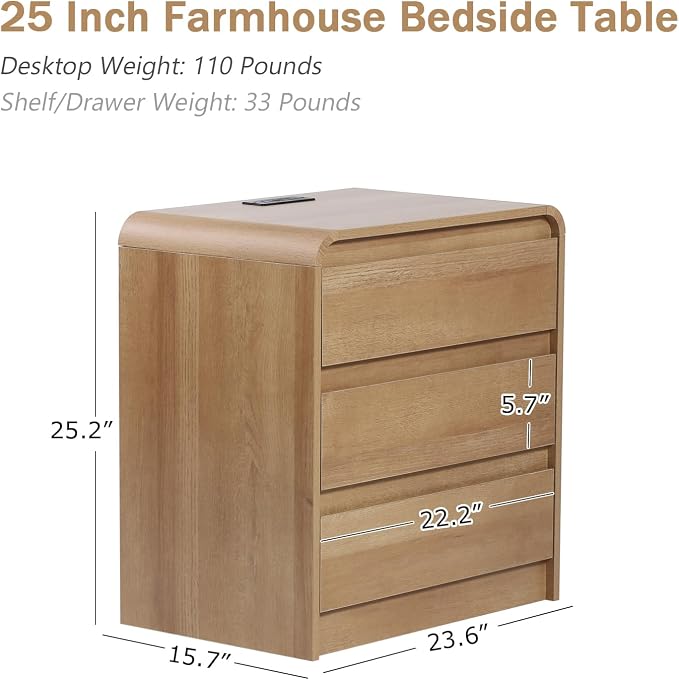 Modern Nightstands with Charging Station, Oak Night Stand with 3 Drawers, Wood End Table with Storage, 23.6'' Wide Bedside Cabinet for Bedroom - Image 6