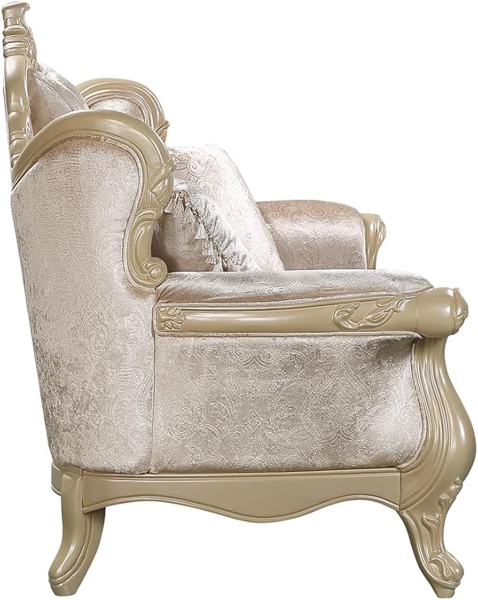 Acme Libertee Fabric Upholstered Loveseat with 3 Pillows in Beige/Champagne
