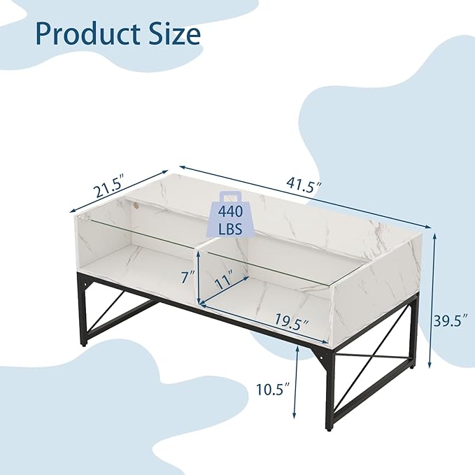 Tangkula LED Coffee Table, High Glossy Center Table with 4 Storage Cubes, Faux Marble & Tempered Glass Top, Adjustable Light Colors, Remote Control, Modern Cocktail Table for Living Room (White)