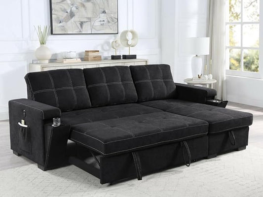 ERYE Modern Reversible Tufted Sleeper Sectional Sofa W/Pull Out Couch Bed and Storage Chaise, L-Shaped Woven Linen Fabric Upholstered Sofa&Couch Convertible Sofabed with Hidden Cupholders & USB Ports
