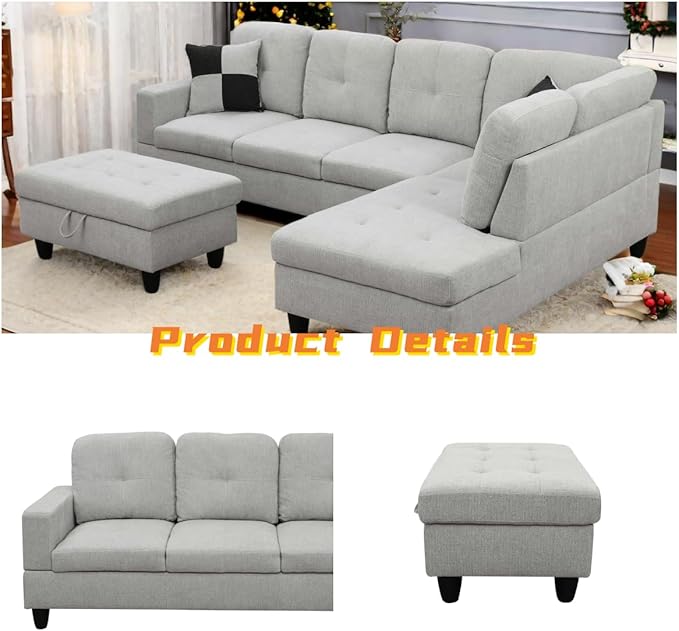 FONTOI L Shaped Sectional Couch with Otttoman, 103" Sectional Sofa for Living Room Flannel Modular Couches with Cup Holders for Bedroom, Apartments, Light Grey