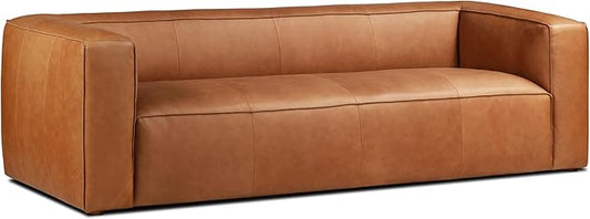 Poly & BARK Piazza 95” Leather Sofa in Saddle Tan – Full‑Grain Pure‑Aniline Italian Leather, Low Profile Frame, Raw Seam Detailing, Soft Tufted Cushions – Rustic Modern Centerpiece for Living Spaces