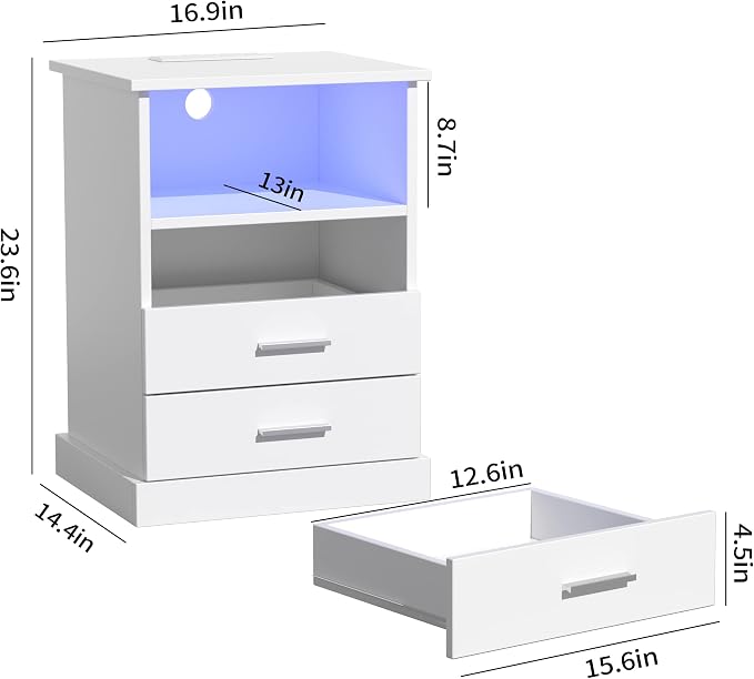 Halitaa Nightstand with Charging Station, LED Lights Side Table with 3 Drawers, End Table for Bedroom Office White - Image 2