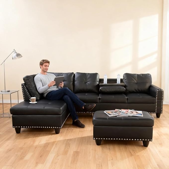 L-Shape Sofa with Storage Ottoman & Reversible Coffee Table, Leather Sectional Couch with Left Chaise, 3-Piece Sofa Set for Living Room, Upholstered Couch Set with Solid Wood Frame, Dark Grey