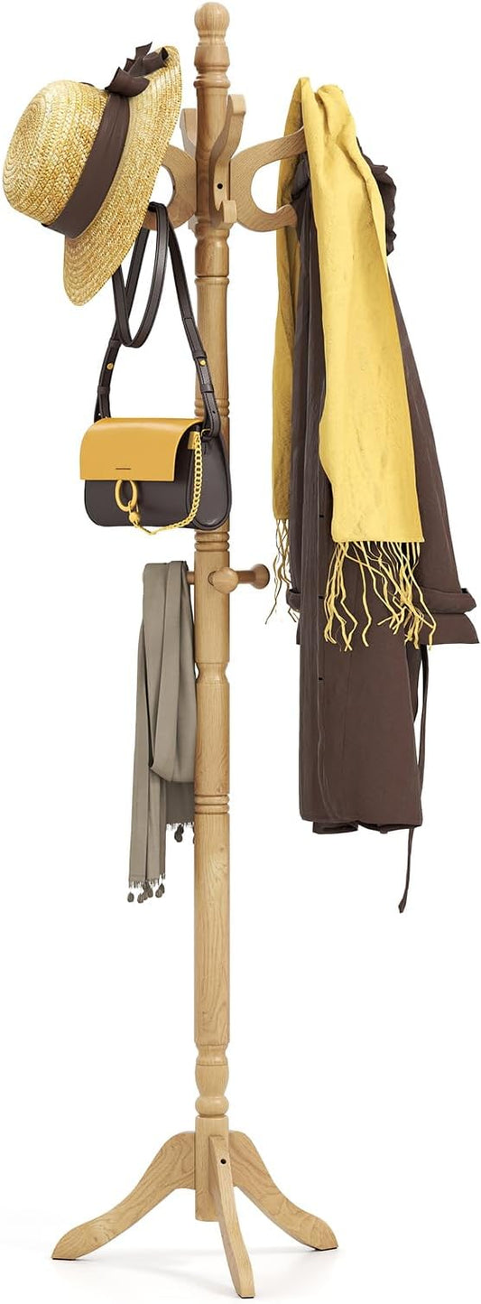 Tangkula Coat Rack Freestanding, Solid Rubber Wood Coat Tree with 11 Hooks and 3 Height Options for Coats, Hats, Bags, Purses, Clothes, Hanger Stand for Entryway Hallway Bedroom Office (Natural) by TANGKULA