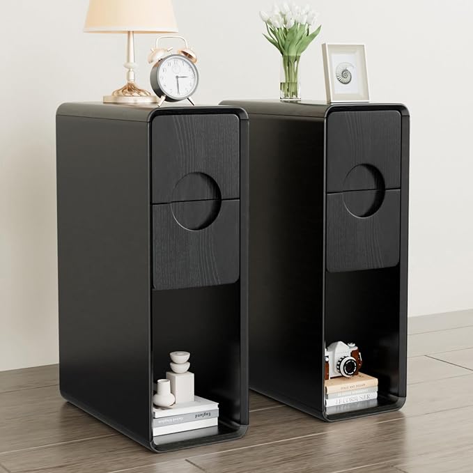 Black Small Nightstand Set of 2, Narrow Bedside Table with Circular Drawer, Skinny Side End Table, Wood Nightstand, Mid Century Modern Night Stand for Bedroom, Small Spaces, Slim, Wooden - Image 3