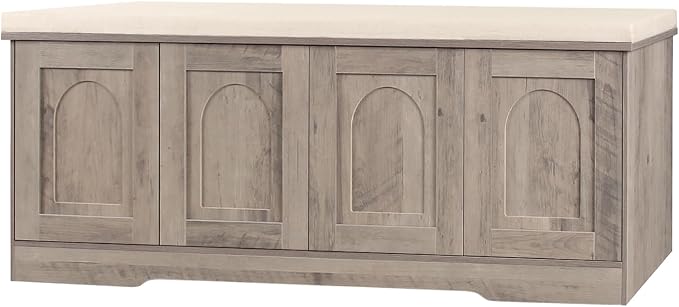 DINZI LVJ Shoe Bench, Entryway Storage Bench with Doors, Cushion, 2-Tier Shoe Rack with 8-Cubby, 47.2”L x 13.8”W Shoe Organizer Cabinet, Adjustable Shelf, Living Room, Bedroom, Greige by DINZILVJ