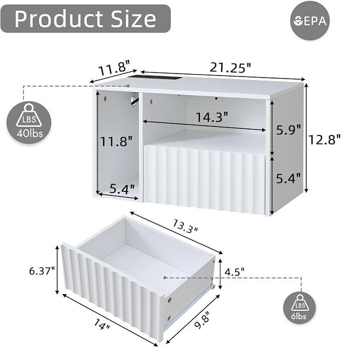 BuildHom Modern Matte White Fluted Floating Nightstand with Charging Station, NightStand with Drawers, Bedside with USB Ports and Outlets, Bedroom Furniture (Set of 2) - Image 2