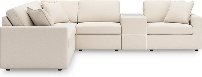 Signature Design by Ashley Modmax Contemporary Stain Resistant Left-Arm Facing 6-Piece Sectional with Storage Console, Armrest, Throw Pillows and Reversible Cushions, Beige