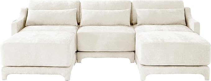 Ball & Cast 105.9” Modular Sectional Sofa, Comfy Cloud Couch with Lumbar Pillows and Ottoman,Deep Seat Chenille U Shaped Modular Sofa, Sectional Couches for Living Room, Bedroom and Apartment, Beige