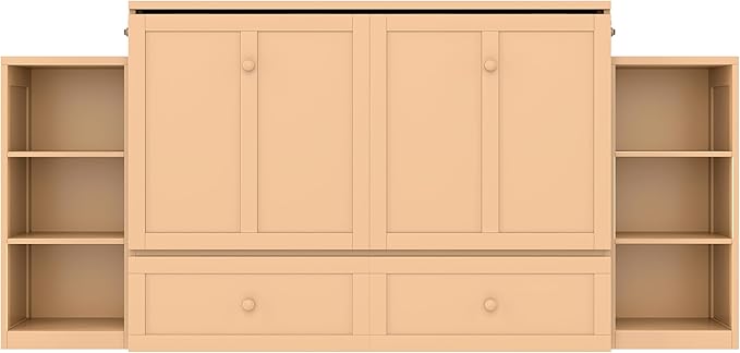 Bellemave Full Size Murphy Bed, Cabinet Bed with 2 Shelves and Storage Drawers, Farmhouse Murphy Cabinet, Noisy Free, for Guest Bedroom, Living Room, Office, Golden