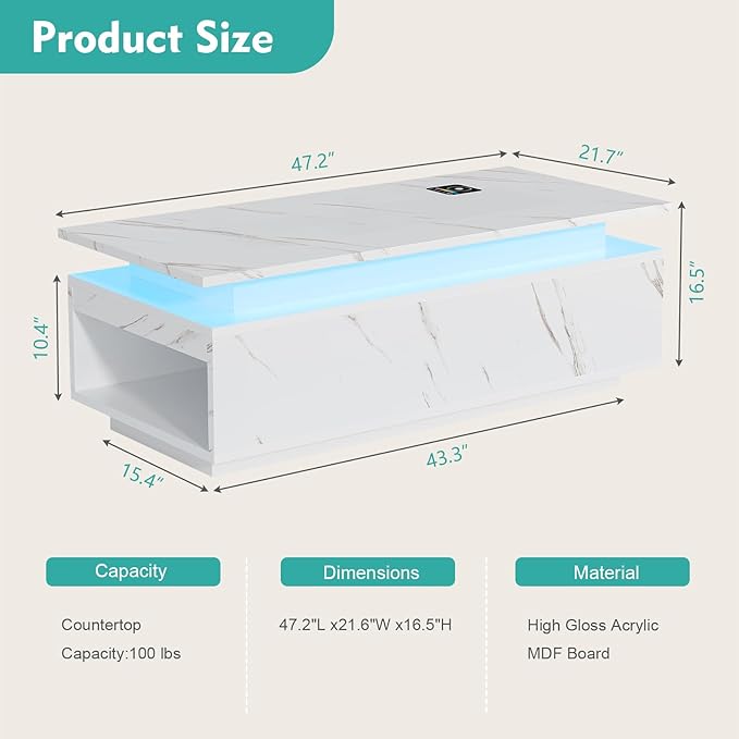 47" Modern LED Coffee Table with Wireless Charging, Bluetooth Speaker, and USB Ports, High Glossy Marble Coffee Table with Large Open 2-Tier Storage and Shelves for Living Room - White