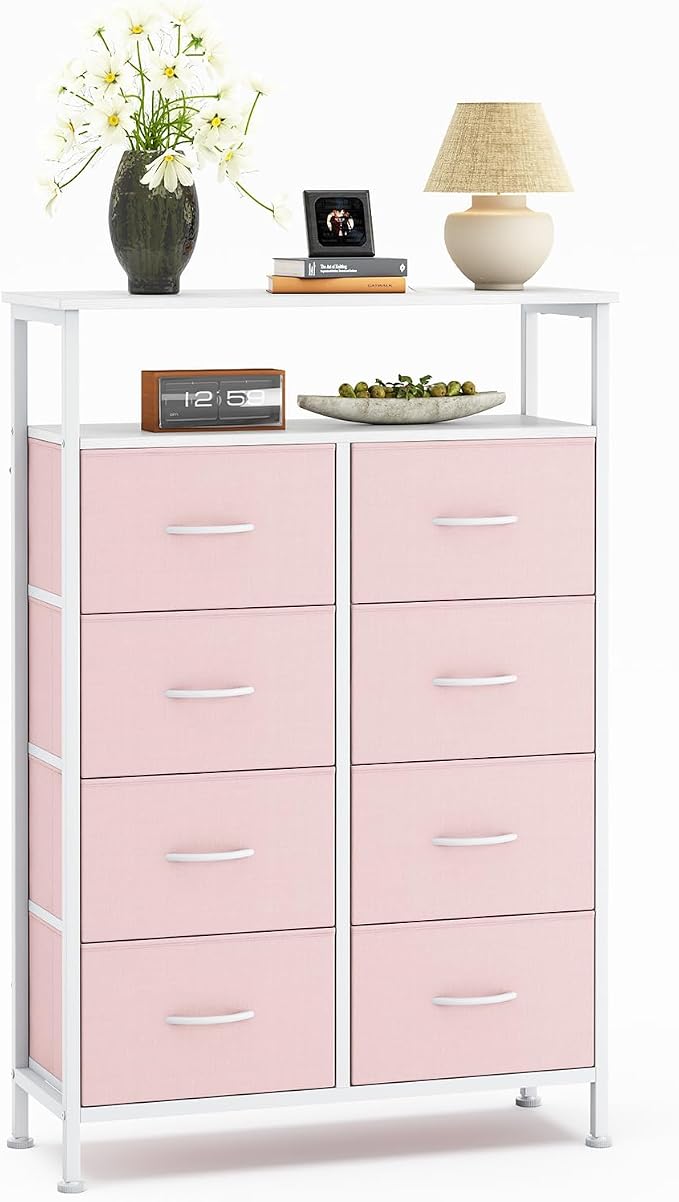DUMOS Fabric Dresser for Bedroom with 8 Drawers, Tall 8-Drawer Chest of Drawers with Raised Shelf, Storage Tower with Fabric Bins for Closet Organization, Hallway Storage, Rose by DumosLifestyle