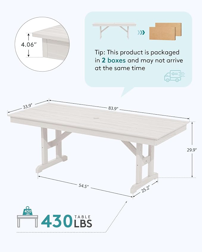 SERWALL Outdoor Large HDPE Dining Table, 84" Rectangular Dining Table for 6-8 Person, All Weather HDPE Outdoor Furniture for Backyard, Garden, White - Image 2