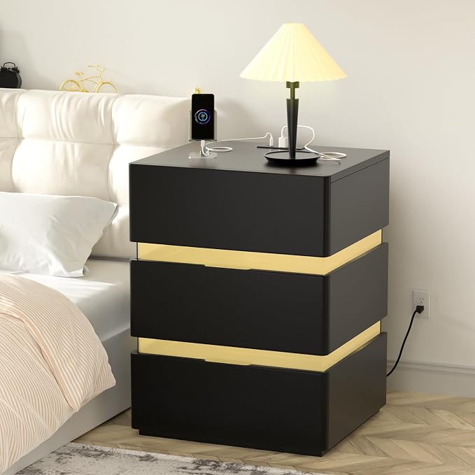 VINGLI Black Nightstands Set of 2 with Charging Station, LED Nightstand with 3 Drawers, Acrylic Smart Nightstand, Wood Nightstands Bedroom, Modern Night Stands, Bedside Table, End Table - Image 2