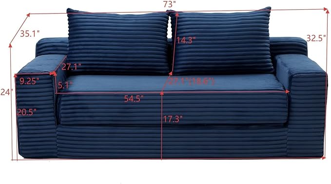 Convertible Sofa Bed, 2 in 1 Memory Foam Futon Couch, No Assembly Corduroy Foldable Sofa Bed, Comfy Floor Couch with 2 Pillows for Bedroom, Living Room, Apartment, Blue