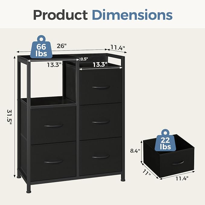 DUMOS TV Stands for Bedroom with 5 Drawers, 5-Drawer Chest of Drawers with Raised Shelf, Storage Tower with Fabric Bins for Closet Organization, Hallway Storage, Ink - Image 3