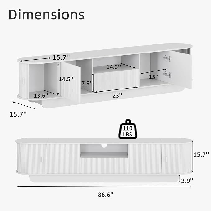 86.61'' Tambour TV Stand for 55-85 Inch, Modern Entertainment Center with Large Storage Cabinet & Open Shelves, TV Console with Sliding Doors for Living Room, Bedroom, White - Image 2