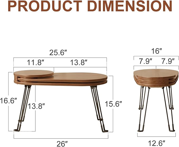Small Coffee Tables for Small Spaces, Solid Wood Accent Tables Living Room, Foldable Coffee Table Oval, Folding Floor Table, Low Table for Sitting on the Floor, Narrow Side Table Couch, Walnut