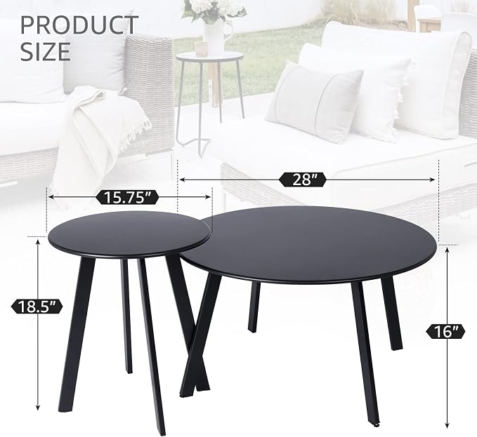 Meluvici Outdoor Patio Coffee Table Set of 2, Weather Resistant End Table, Round Nesting Tables for Living Room Balcony Office,Black - Image 3