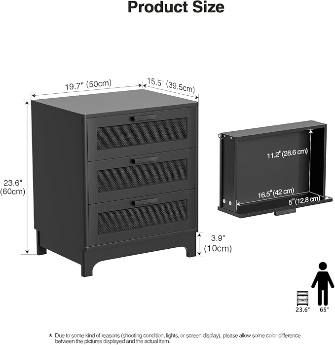 Anmytek Rattan Nightstand with 3 Drawers, Farmhouse Night Stand with Nature Rattan Storage Drawers, Black Wood Bedside Table Sofa End Side Table for Bedroom Dorm Small Spaces, 15.5”D x 19.7”W x 23.6”H - Image 3