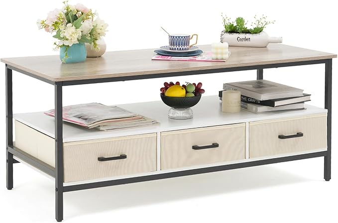 OC Orange-Casual 46" Coffee Table with Storage, 2-Tier Wood Coffee Table with Open Display Shelf & Foldable Drawers, Farmhouse Table with Metal Frame, Small Center Table for Living Room (46.3")