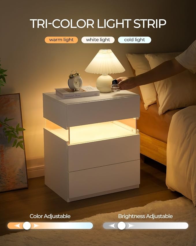 Bingoday White LED Nightstands Set of 2 Modern Night Stand Set 2 Bedside Table with 3 Drawers for Bedroom End Side Table - Image 7