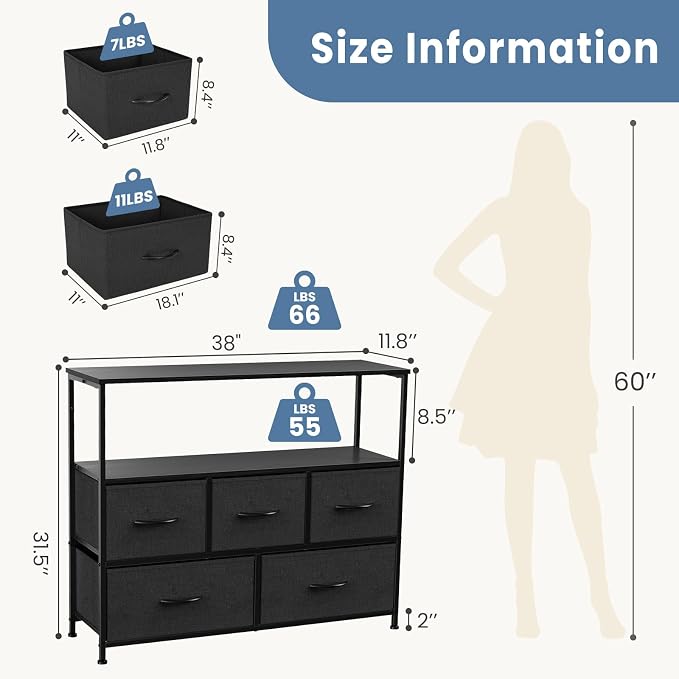 DUMOS TV Stand, Dresser with 5 Fabric Storage Drawers, Media Console Featuring Open Shelf for TV, Compact Entertainment Unit for Bedroom, Living Space, or Dorm Organization, Black - Image 3
