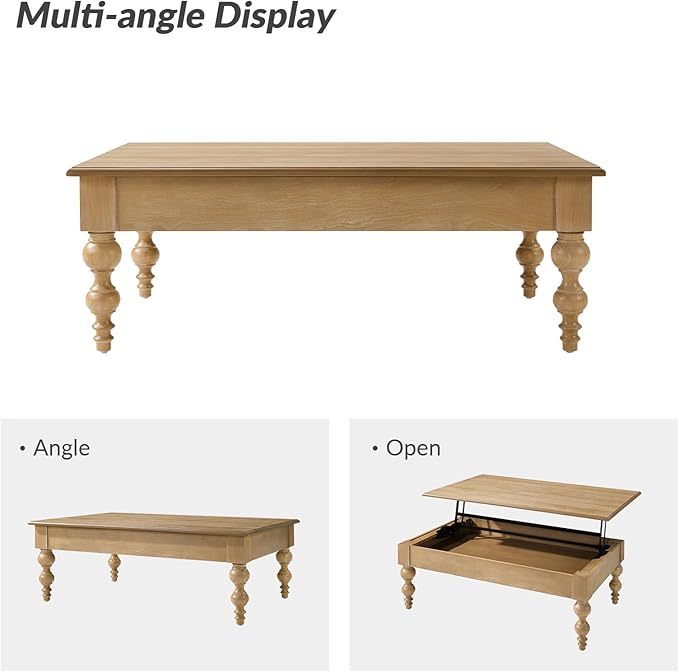 HULALA HOME Coffee Table Lift Top with Storage, Gourd-Shaped Legs, Wood Convertible Table for Living Room, Natural