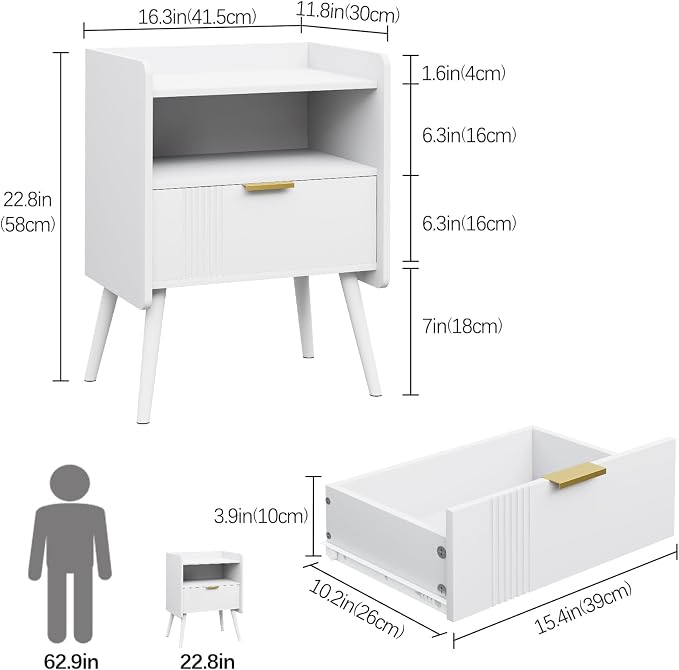 Aenuert Night Stand Modern End Table with Storage Drawer and Open Shelf, Small Bedside Table, Wooden Sofa Side Stand for Bedroom,Study Room and Small Spaces (White) - Image 2