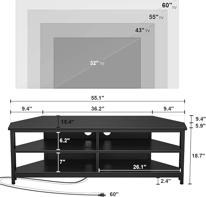Unikito Corner TV Stand With Power Outlet, Corner Entertainment Center Corner TV Table With 4 Open Storage Corner TV Cabinet Wood TV Stand For Living Room,Bedroom Corner TV Stand For 55 inch TV, Black - Image 7