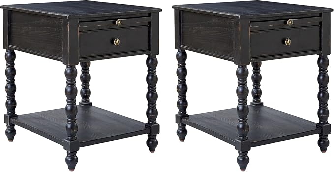 HULALA HOME Spindle Nightstands with Charging Station, Solid Wood Nightstand with Drawer Shelf, Side Table with Pull-Out Shelf (2, Charcoal) - Image 7