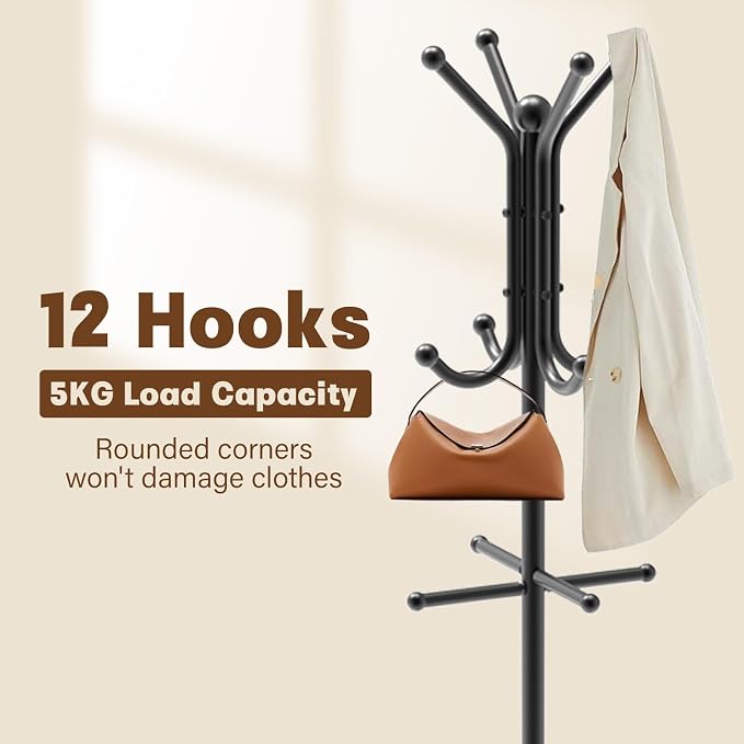 Coat Rack Freestanding, Coat Stand with Umbrella Holder, Metal Coat Tree with 12 Hooks, Coat Hanger Stand for Entryway, Coat Rack Stand for Bedroom, Living Room & Office - Image 5