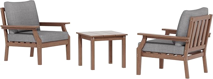 HDPE Patio Conversation Set, 3-Piece All Weather Outdoor Furniture Set with 2 Single Sofas for Deck, Lawn, with Cushion, Brown