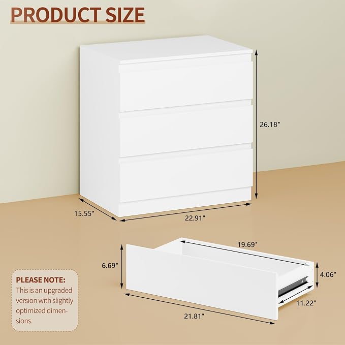 OtterOasis White Wood Dresser for Bedroom, 3 Drawer Dresser for Clothes Storage, Modern Dressers with Wide Drawers, Wide Wooden Chest Drawers for Living Room, Entryway, TV Stand - Image 2