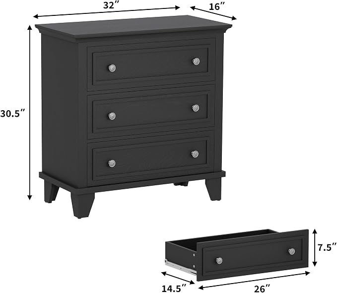 GAOMON 3 Drawer Dresser for Bedroom, Black Wood Chest of Drawers Bedroom Dresser, Rustic Small Drawers Dressers Nightstand Wooden Closet Storage Cabinet for Living Room - Image 2
