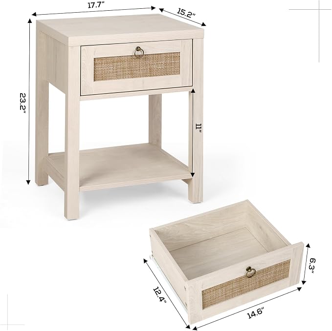 VOWNER Rattan Nightstands Set of 2 - Farmhouse Bedside Table Night Stand with Drawer and Storage Shelf, Boho End Side Table for Bedroom, Mesitas De Noche para Dormitorio, Light Oak - Image 3